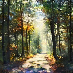 Sunlit Forest Path with AI Generated Detail