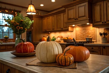 Pumpkin on the table, beautiful kitchen