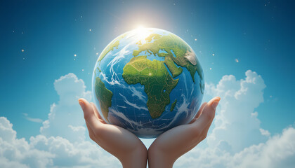 Hand holding earth globe with cloud sky background. Wallpaper for earth day campaign
