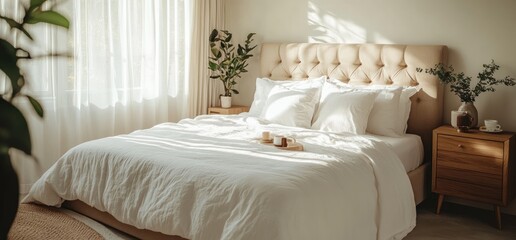 Sunlit bedroom, calm morning, cozy bed, wooden accents
