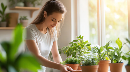 Plant enthusiast tends to her collection of houseplants in a sunlit room, cherishing each moment among earthy tones and vibrant greenery