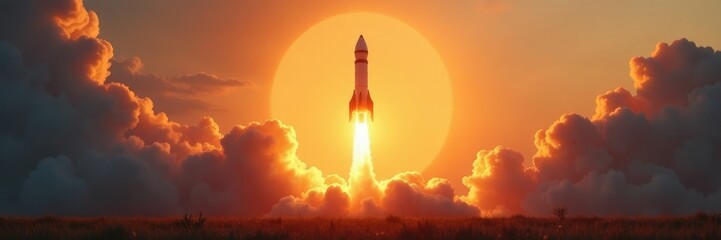 Rocket blasts off from launchpad amidst a halo of golden light, peaceful landscape, warm glow, sunrise atmosphere