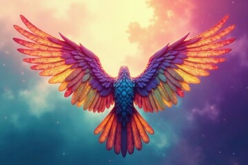Fototapeta premium Vibrant, colorful wings spread wide against a soft background with gentle gradients and misty atmosphere , misty, colorful, fantasy