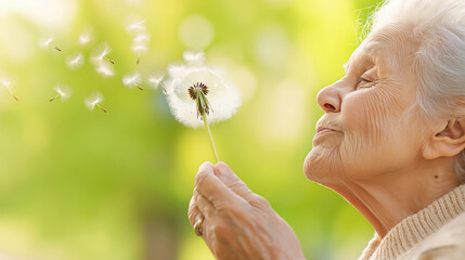 Elderly lady and caregiver enjoying a tranquil moment outdoors while blowing dandelion seeds in a lush green setting on a sunny day
