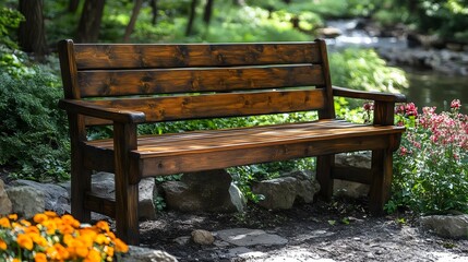 A wooden bench is placed in front of a rock wall
