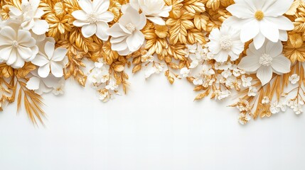 Elegant arrangement of white and gold flowers. Perfect for wedding invitations or luxurious designs.