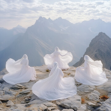 abstract illustration depicting four dancing women in thin veils on a mountain top