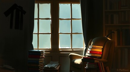 A comfortable chair, a stack of books, soft lighting, contrasted chiaroscuro lighting, complimentary epic colors, a foggy mood, a rough dynamic digital drawing, loose painterly strokes, and a nice rea