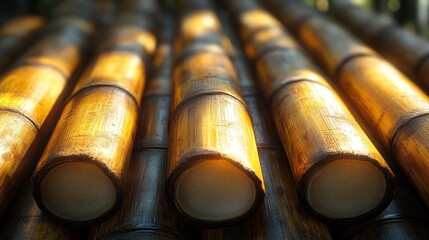 Sunlight on layered bamboo wall in garden