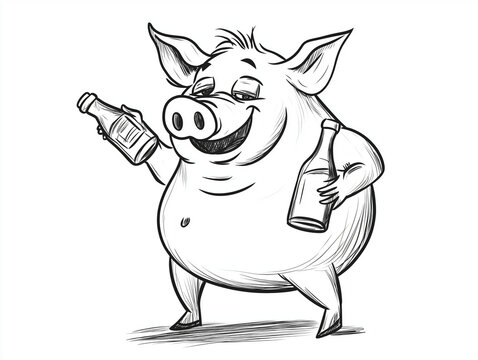 A drunk pig with two bottles in a cartoon black and white style. 