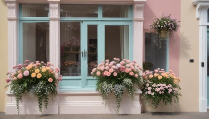 Stacked flower arrangements in pastel hues line the walls of a Brighton shop window , arrangements, shop, pastel