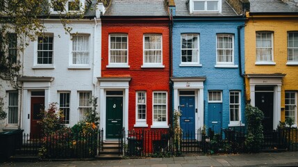 Fototapeta premium Colorful terraced houses line a quiet residential street