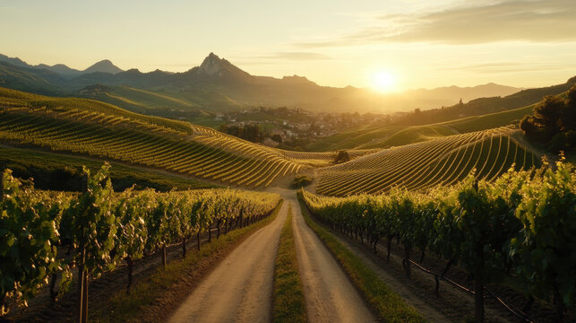 A high-fidelity image of a vibrant sunrise over the Lavaux vineyards, showcasing golden hues and picturesque landscapes.
