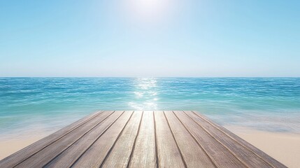Fototapeta premium Calm Seaside View with Wooden Deck Overlooking Serene Ocean Waves