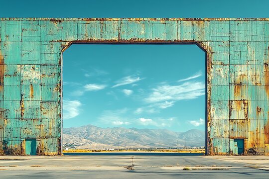 Rusty industrial frame opening to a scenic mountain view under a clear blue sky - Powered by Adobe