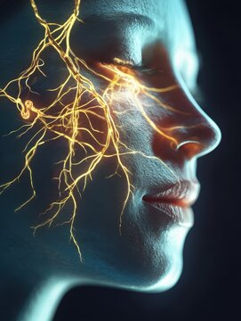 Visual representation of a person's face with highlighted VNS, indicating vagus nerve stimulation.