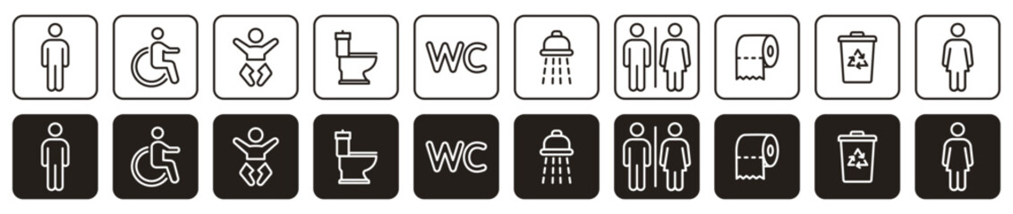 WC icon set, Toilet sign, containing bathroom, restroom, men and women, disabled, dumpster, toilet paper, infant, no smoking, shower, vector illustration