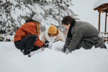 Friends gathered in a snowy outdoor setting, wearing winter apparel, enjoying the cold season by...