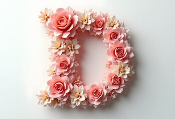 Letter D made with flower and leaves on bright white background. Floral mother's day alphabet concept. Spring blossom, valentine or romantic font collection. Flat lay, top view.
