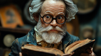 A man dressed as Willy Wonka from the classic film, holding an open book in his right hand. He appears to be engrossed in reading from it. The background is filled with various objects including shelv