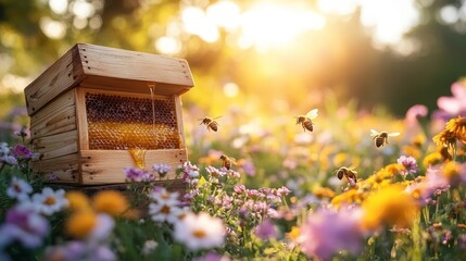 Honey dripping from wooden beehive in a colorful meadow at sunset