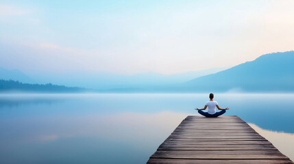 Mindfulness practice at dawn with warrior pose on wooden pier over calm lake with foggy horizon and serene landscape