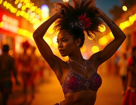 Dancer in vibrant costume with floral headpiece dancing joyfully against festive lights on Brazilian Carnaval