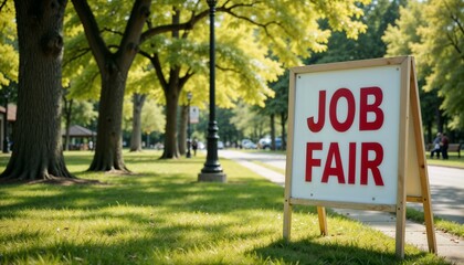 Outdoor job fair sign displayed in a park setting on a sunny spring day