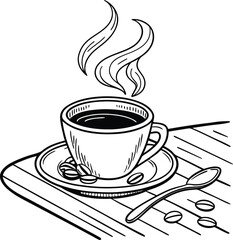 Steaming Hot Coffee Cup Beans Saucer Spoon Table Sketch