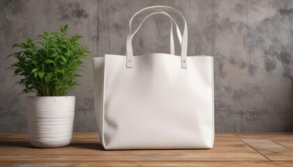 Stylish white tote bag with blank space for custom design on a wooden surface with a small plant, promotion, copy space, marketing, mockup