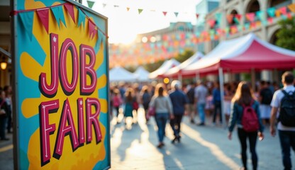 Bright job fair sign surrounded by colorful flags at a lively outdoor event