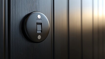 Modern black switch plate on dark wood wall, warm sunlight