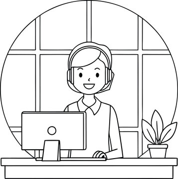 recommend clip art: Smiling Customer Service Agent at Desk with Headset and Computer