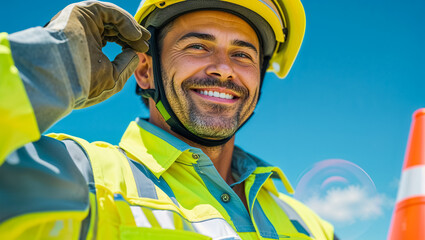 Obraz premium Portrait of positive traffic man road worker in uniform, traffic cones sunny summer day