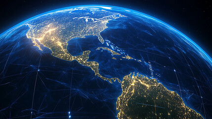 Obraz premium Blue Globe Illuminated North and South America Connecting Networks Global Communication Grids