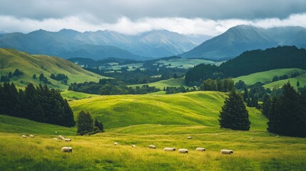 Obraz premium Scenic Mountain Valley Pastureland Sheep Grazing