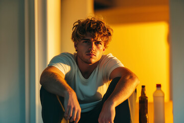 Obraz premium Young man with a frustrated expression sitting on the floor next to empty bottles in a dimly lit room reflecting on his struggles