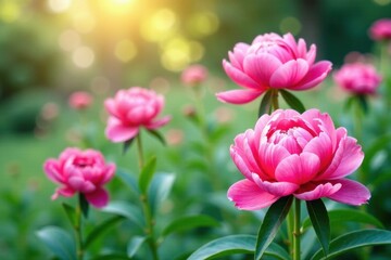 Obraz premium Vibrant watercolor peony flowers in a garden setting, garden, peonies, watercolor