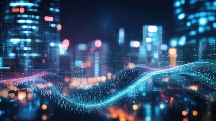 Creative digital wave with interface on blurry night city background. Technology, future and protection concept. Double exposure