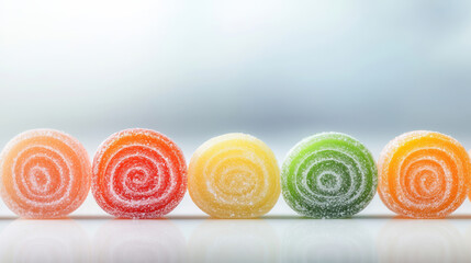 Colorful candy swirls arranged symmetrically on a smooth white surface under bright studio lighting to create a minimalistic visual appeal
