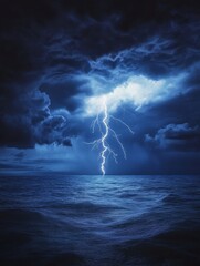 An electric storm with lightning bolts over a calm sea, symbolizing the sudden and powerful emergence of ideas.