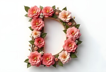 Letter D made with flower and leaves on bright white background. Floral mother's day alphabet concept. Spring blossom, valentine or romantic font collection. Flat lay, top view.
