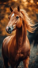 Majestic chestnut horse galloping gracefully in a sunlit meadow during autumn