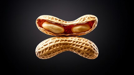 Two peanuts in their shells, one open revealing the nuts inside, against a dark background. A striking image.