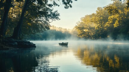 Fototapeta premium Serene Sunrise Boat On Misty Lake Surrounded By Trees