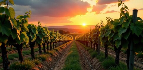 Naklejka premium Vineyard at sunset with old grapevines and wooden barrels, vines, vineyard, farm