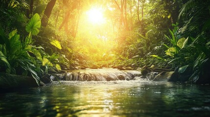 Sunlit Jungle Stream Flows Through Lush Green Foliage