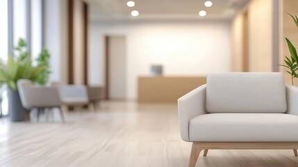 A modern, minimalist waiting area featuring a stylish sofa and warm lighting, creating a welcoming atmosphere for visitors.