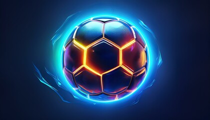 Fototapeta premium Abstract glowing neon colored soccer ball over blue background. Generated image