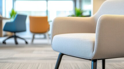 A cozy, modern chair is featured in a stylish office setting, with other chairs and greenery visible in the background.